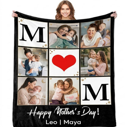 Aura Zoma Personalized Mother's Day Photo Blanket – Custom Picture Collage Throw Blanket for Mom, Memory Keepsake Gift from Kids & Family