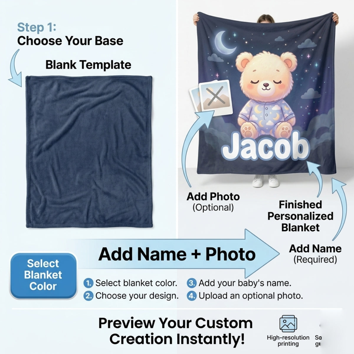 Personalized Baby Name Blanket – Custom Teddy Bear Fleece Blanket for Kids, Soft Flannel Throw Blanket