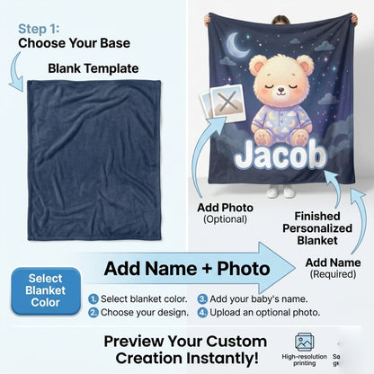 Personalized Baby Name Blanket – Custom Teddy Bear Fleece Blanket for Kids, Soft Flannel Throw Blanket